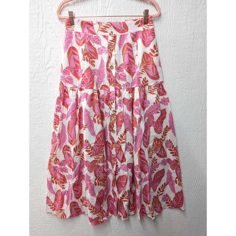 NWT Melloday Floral Linen Tiered Midi Skirt Boho Beachy Festival Travel Small